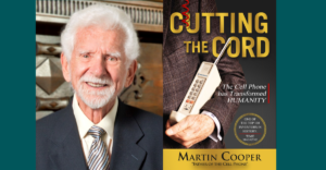 A smiling man wearing a suit next to the cover of a book titled Cutting the Cord: The Cell Phone Has Transformed Humanity