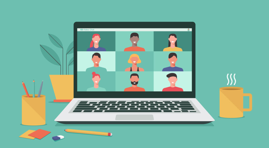 A graphic of a laptop showing people on a video call
